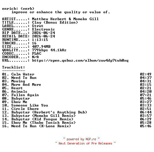 NFO for the release Matthew_Herbert_and_Momoko_Gill-Clay_(Bonus_Edition)-16BIT-WEB-FLAC-2026-ENRiCH by ENRiCH