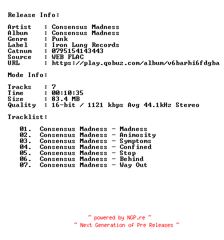 NFO for the release Consensus_Madness-Consensus_Madness-16BIT-44KHZ-WEB-FLAC-2023-CBR by CBR