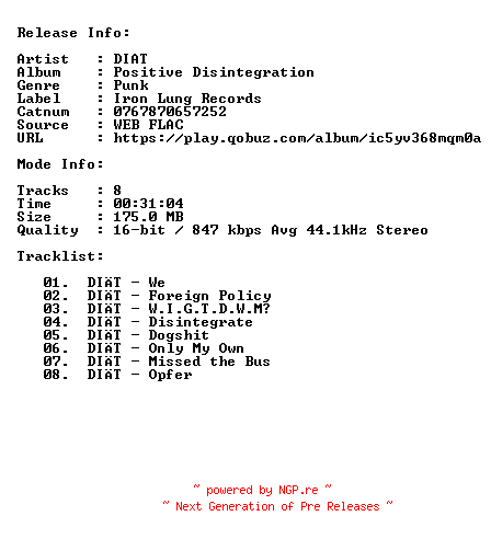 NFO for the release Diat-Positive_Disintegration-16BIT-44KHZ-WEB-FLAC-2019-CBR by CBR