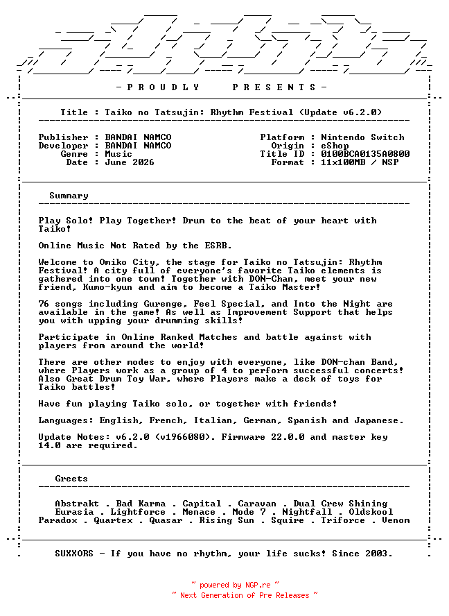 NFO for the release Taiko_no_Tatsujin_Rhythm_Festival_Update_v6.2.0_NSW-SUXXORS by SUXXORS