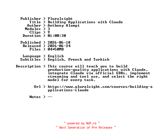 NFO for the release Pluralsight.Building.Applications.with.Claude.2026.BOOKWARE-GETH by GETH