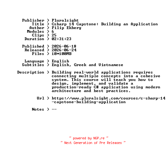 NFO for the release Pluralsight.Csharp.14.Capstone.Building.an.Application.2026.BOOKWARE-GETH by GETH