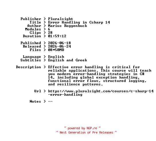 NFO for the release Pluralsight.Error.Handling.in.Csharp.14.2026.BOOKWARE-GETH by GETH
