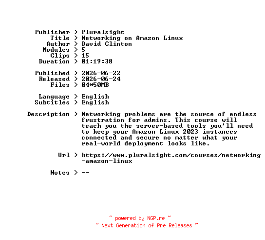 NFO for the release Pluralsight.Networking.on.Amazon.Linux.2026.BOOKWARE-GETH by GETH