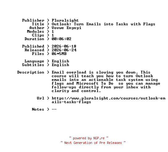 NFO for the release Pluralsight.Outlook.Turn.Emails.into.Tasks.with.Flags.2026.BOOKWARE-GETH by GETH
