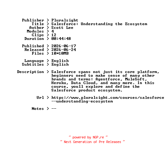 NFO for the release Pluralsight.Salesforce.Understanding.the.Ecosystem.2026.BOOKWARE-GETH by GETH