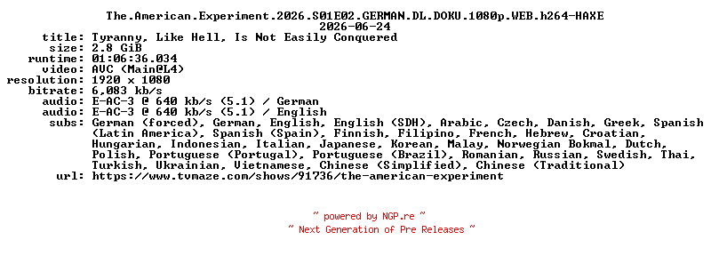 NFO for the release The.American.Experiment.2026.S01E02.GERMAN.DL.DOKU.1080p.WEB.h264-HAXE by HAXE