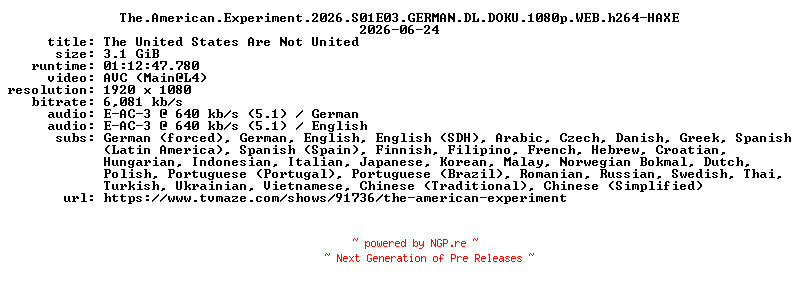 NFO for the release The.American.Experiment.2026.S01E03.GERMAN.DL.DOKU.1080p.WEB.h264-HAXE by HAXE