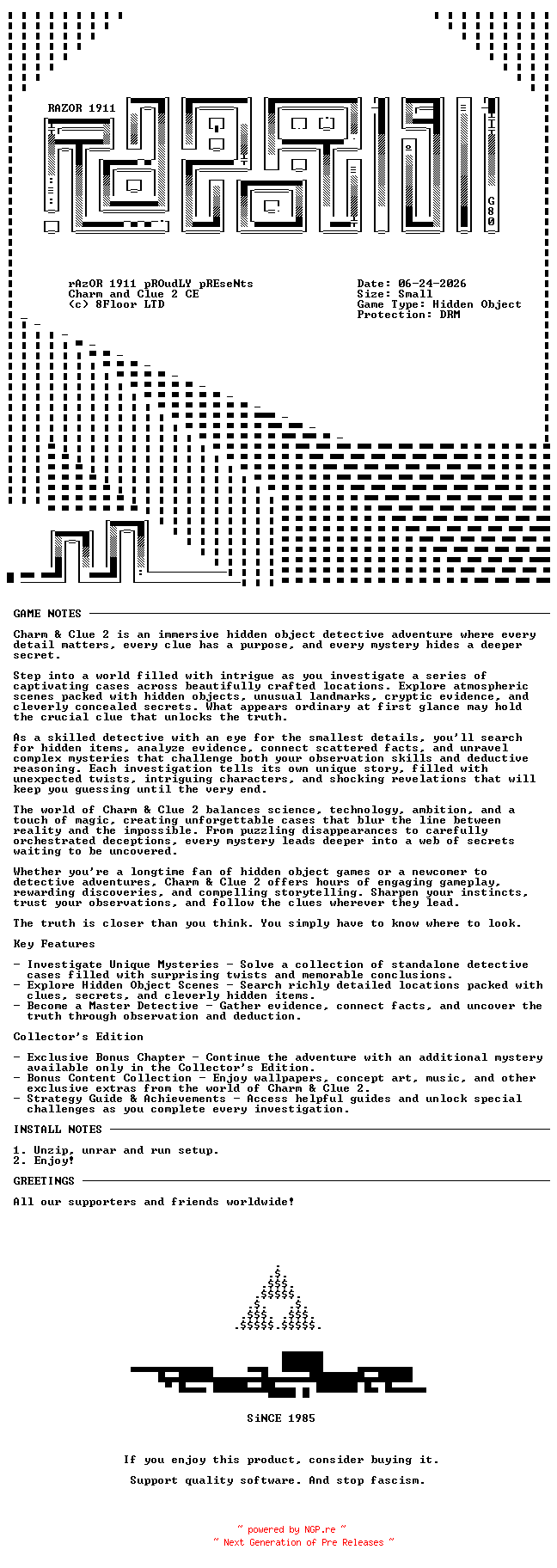 NFO for the release Charm_and_Clue_2_Collectors_Edition-RAZOR by RAZOR