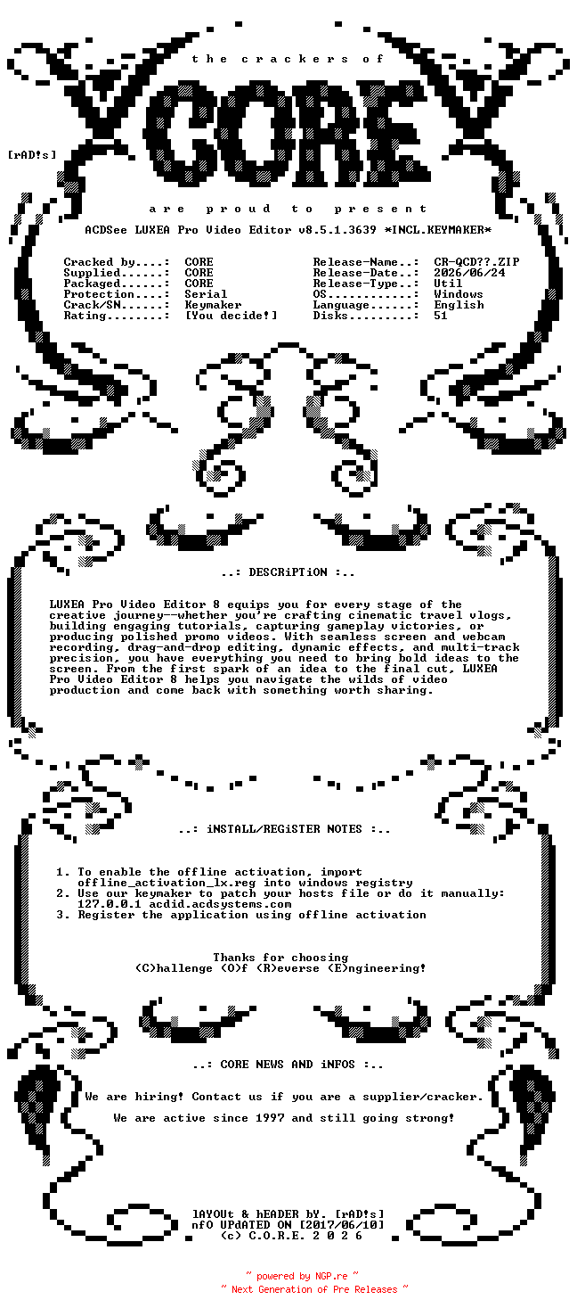 NFO for the release ACDSee.LUXEA.Pro.Video.Editor.v8.5.1.3639.Incl.Keymaker-CORE by CORE