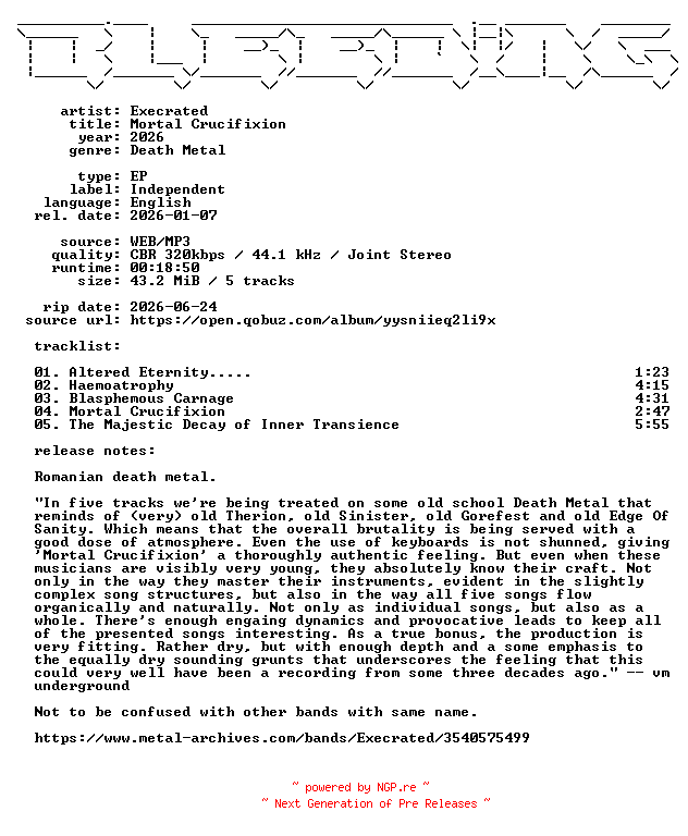 NFO for the release Execrated-Mortal_Crucifixion-EP-WEB-2026-BLEEDiNG by BLEEDiNG