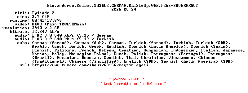 NFO for the release Ein.anderes.Selbst.S03E02.GERMAN.DL.2160p.WEB.h265-SAUERKRAUT by SAUERKRAUT