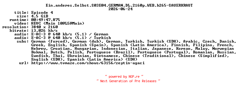 NFO for the release Ein.anderes.Selbst.S03E04.GERMAN.DL.2160p.WEB.h265-SAUERKRAUT by SAUERKRAUT
