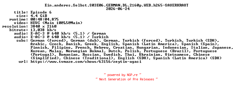NFO for the release Ein.anderes.Selbst.S03E06.GERMAN.DL.2160p.WEB.h265-SAUERKRAUT by SAUERKRAUT