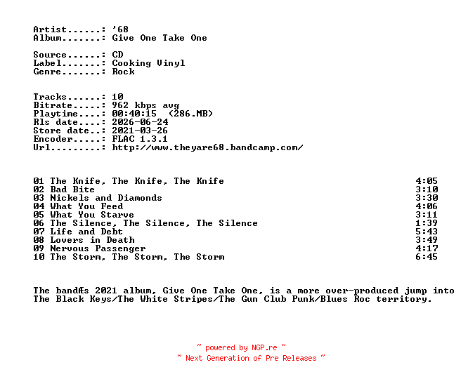 NFO for the release 68-Give_One_Take_One-CD-FLAC-2021-401 by 401