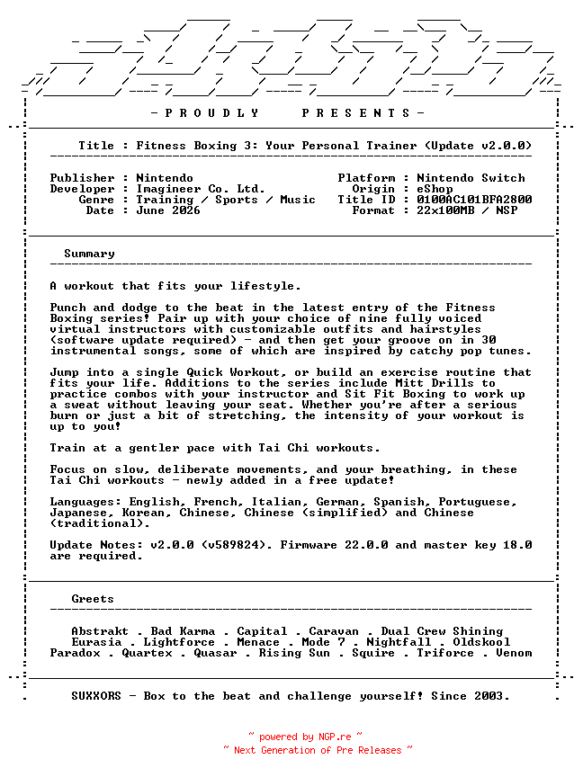 NFO for the release Fit_Boxing_3_Your_Personal_Trainer_Update_v2.0.0_NSW-SUXXORS by SUXXORS