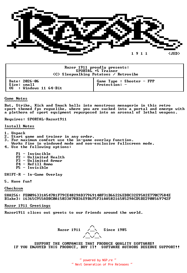 NFO for the release SPORTAL_Plus_5_Trainer-RazorDOX by RazorDOX