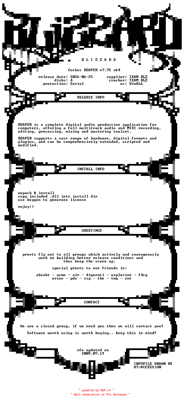 NFO for the release Cockos.REAPER.v7.75.x64.WinALL.Incl.Keygen.Patch-BLiZZARD by BLiZZARD