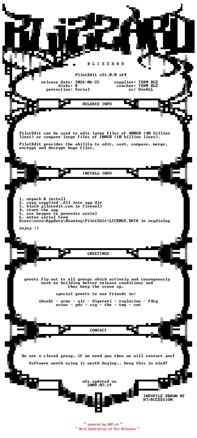 NFO for the release PilotEdit.v21.0.0.x64.WinALL.Incl.Keygen.Patch-BLiZZARD by BLiZZARD