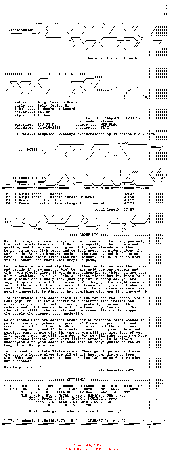 NFO for the release Luigi_Tozzi_and_Rrose-Split_Series_01-(TKST001)-16BIT-WEB-FLAC-2025-TR by TR