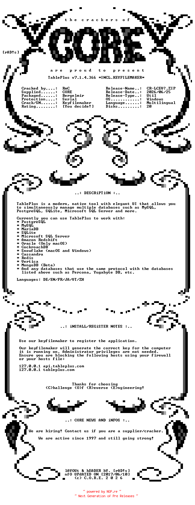 NFO for the release TablePlus.v7.1.4.366.x64.Multilingual.Incl.Keyfilemaker-CORE by CORE