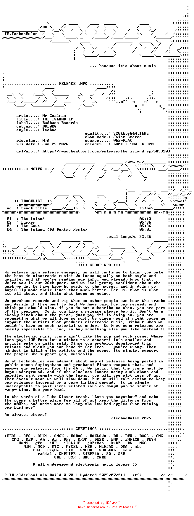 NFO for the release Mr_Coalman-THE_ISLAND_EP-(BDB008)-WEB-2026-TR by TR
