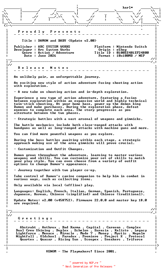 NFO for the release DAMON_and_BABY_Update_v2.00_NSW-VENOM by VENOM