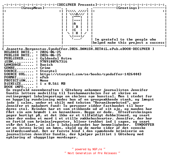 NFO for the release Jeanette.Bergenstav.Syndoffer.2026.DANiSH.RETAiL.ePub.eBOOK-DECiPHER by DECiPHER