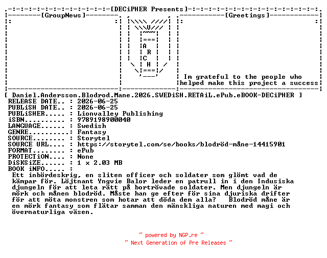 NFO for the release Daniel.Andersson.Blodrod.Mane.2026.SWEDiSH.RETAiL.ePub.eBOOK-DECiPHER by DECiPHER