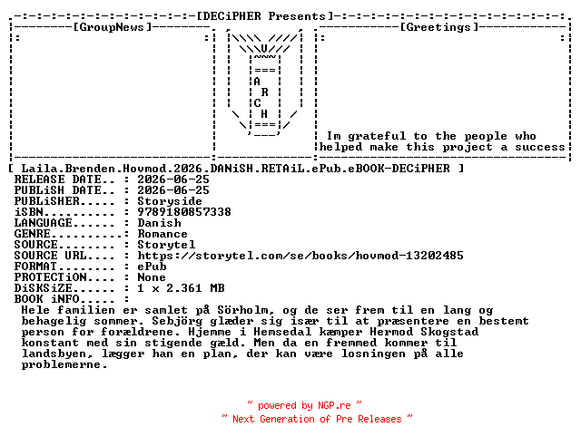 NFO for the release Laila.Brenden.Hovmod.2026.DANiSH.RETAiL.ePub.eBOOK-DECiPHER by DECiPHER