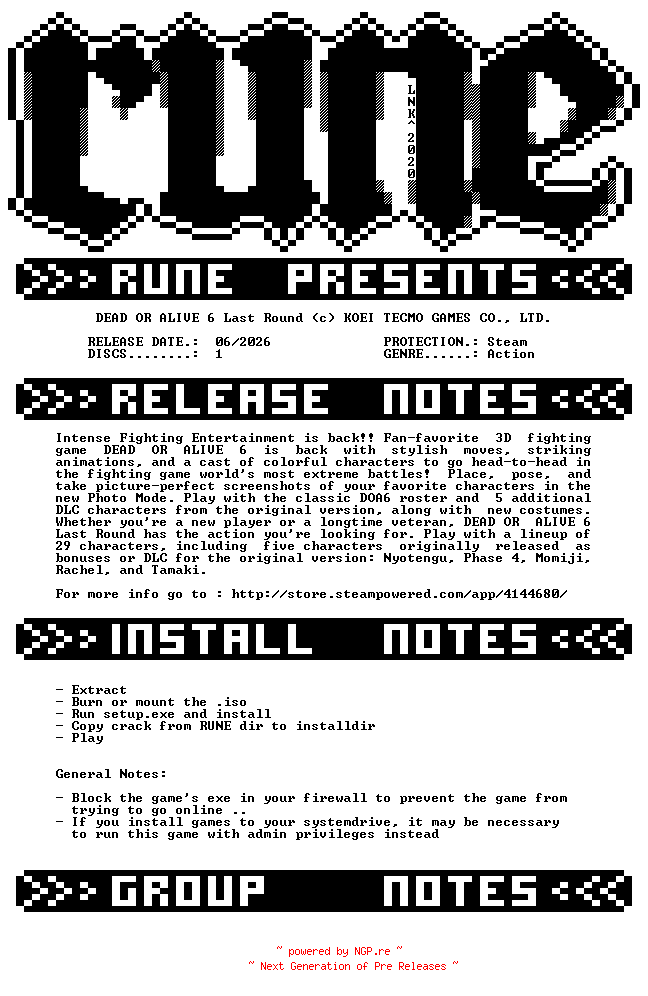 NFO for the release DEAD.OR.ALIVE.6.Last.Round-RUNE by RUNE