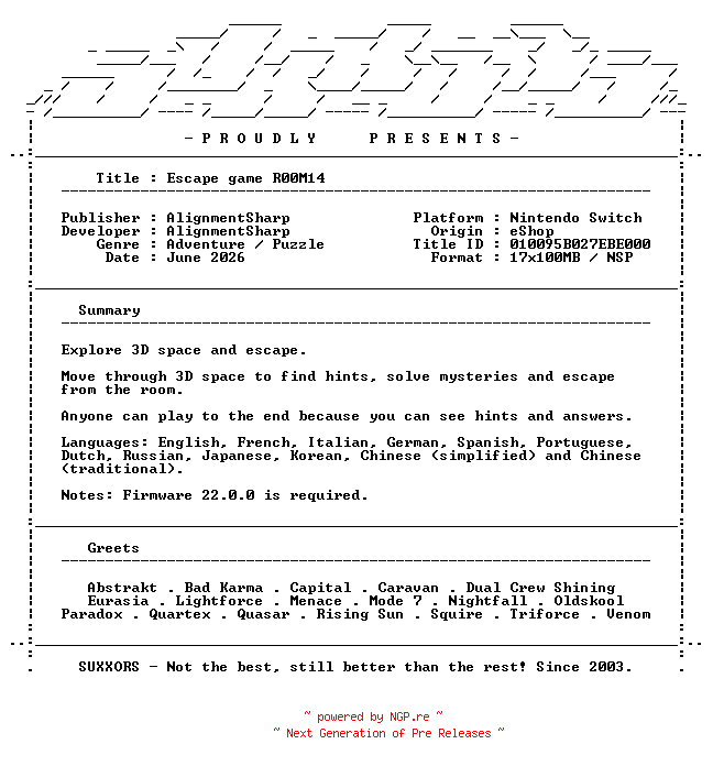 NFO for the release Escape_game_R00M14_NSW-SUXXORS by SUXXORS