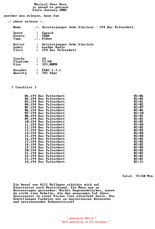 NFO for the release Geisterjaeger_John_Sinclair-194_Das_Folterbett-DE-Audiobook-CD-FLAC-2026-MOD by MOD