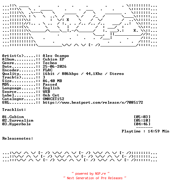 NFO for the release Alex_Ocampo-Cubism_EP-ONHCET152-16BIT-WEB-FLAC-2026-WAVED by WAVED