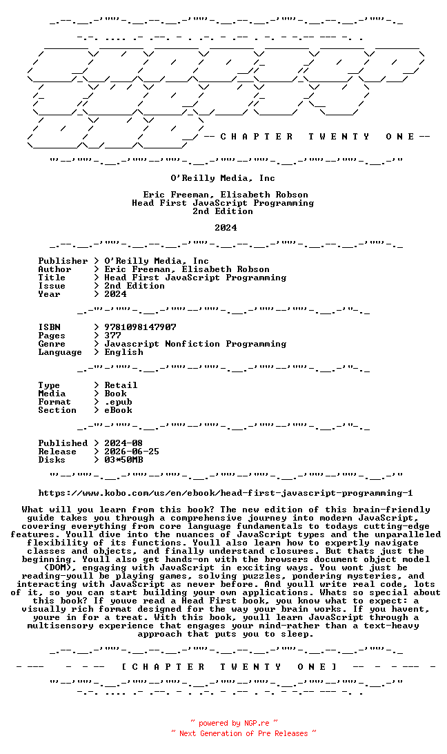 NFO for the release OReilly.Media.Inc.-.Head.First.JavaScript.Programming.2nd.Edition.2024.RETAIL.EPUB.eBook-CTO by CTO