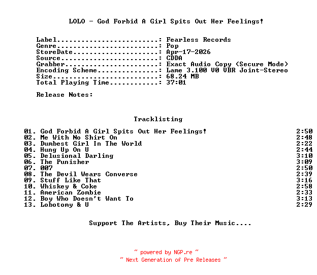 NFO for the release LOLO-God_Forbid_A_Girl_Spits_Out_Her_Feelings-2026-C4 by C4