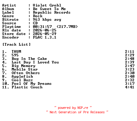 NFO for the release Violet_Grohl-Be_Sweet_To_Me-CD-FLAC-2026-PERFECT by PERFECT