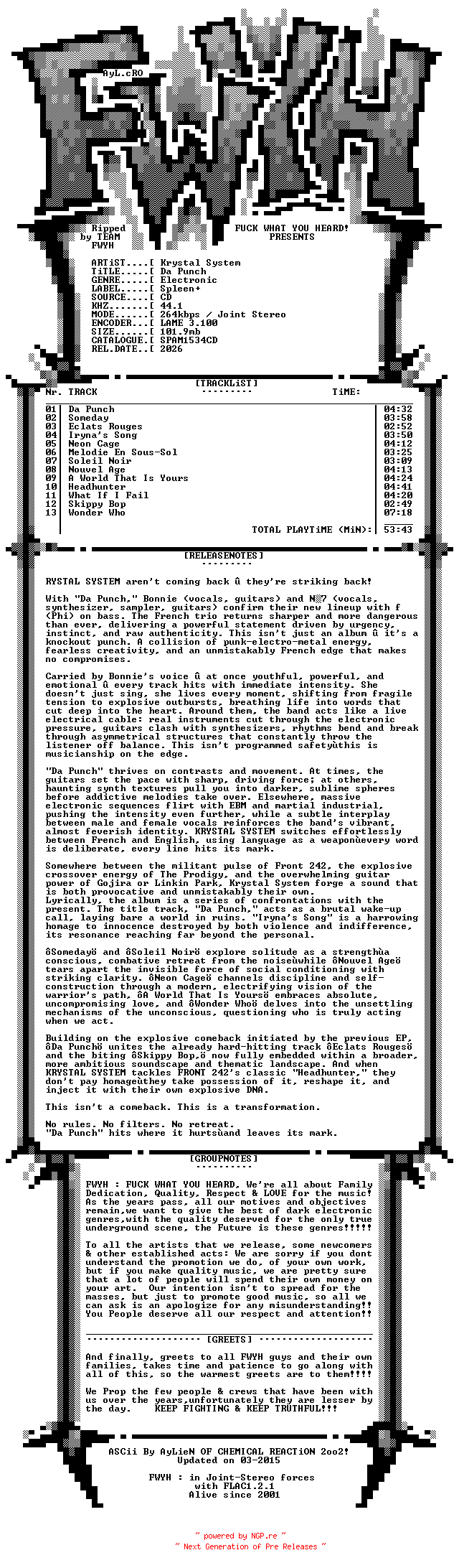 NFO for the release Krystal_System-Da_Punch-CD-2026-FWYH by FWYH
