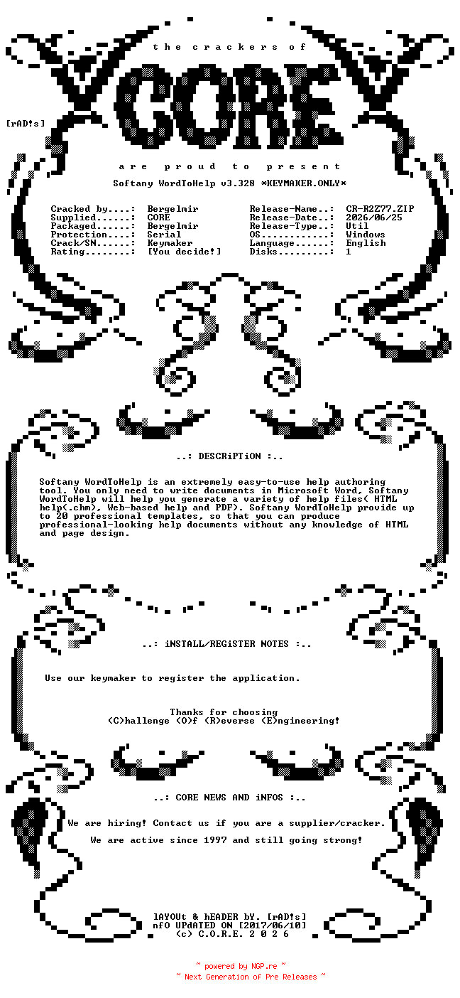 NFO for the release Softany.WordToHelp.v3.328.Keymaker.Only-CORE by CORE