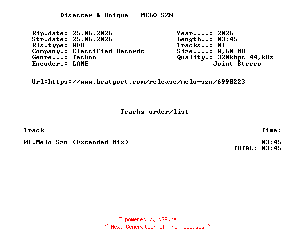 NFO for the release Disaster_And_Unique_-_MELO_SZN-(CR070)-SINGLE-WEB-2026-FMC by FMC
