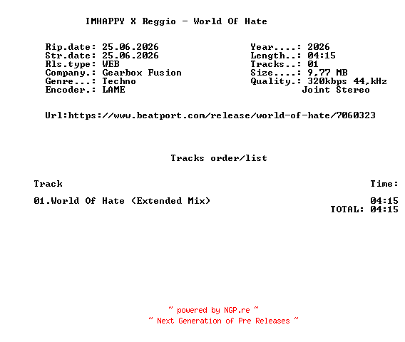 NFO for the release IMHAPPY_X_Reggio_-_World_Of_Hate-(GBF051)-SINGLE-WEB-2026-FMC by FMC