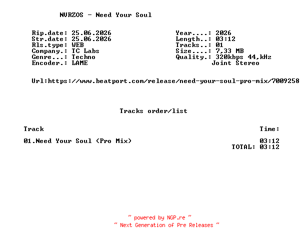 NFO for the release NVRZOS_-_Need_Your_Soul-(TCLABSPRO200)-SINGLE-WEB-2026-FMC by FMC