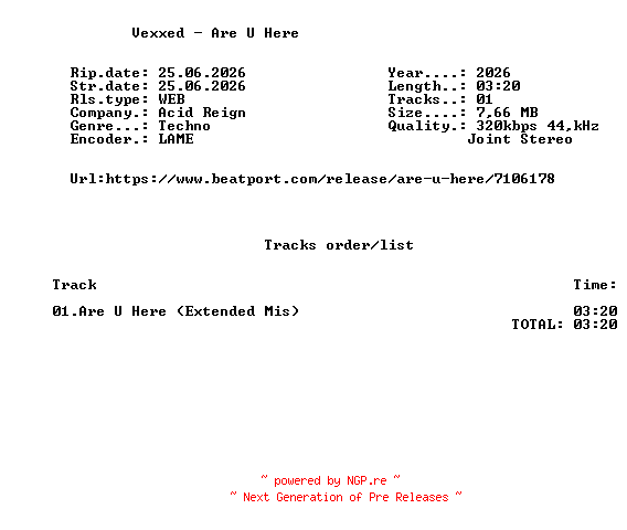 NFO for the release Vexxed_-_Are_U_Here-(ACR110)-SINGLE-WEB-2026-FMC by FMC