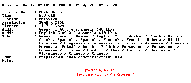 NFO for the release House.of.Cards.S05E01.GERMAN.DL.2160p.WEB.H265-FWB by FWB