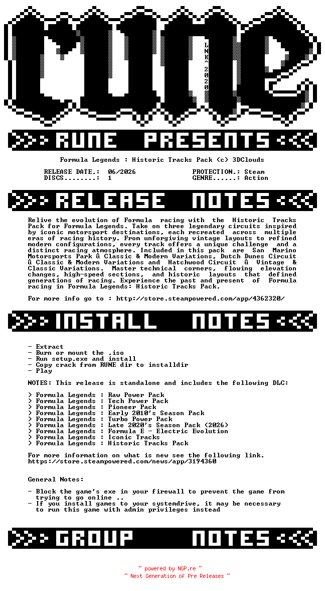 NFO for the release Formula.Legends.Historic.Tracks.Pack-RUNE by RUNE