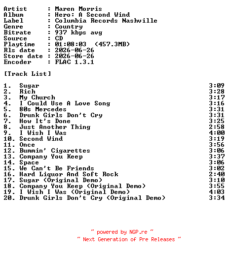 NFO for the release Maren_Morris-Hero_A_Second_Wind-CD-FLAC-2026-PERFECT by PERFECT