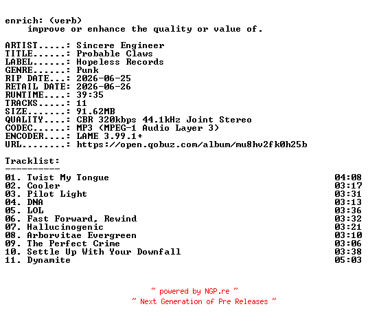 NFO for the release Sincere_Engineer-Probable_Claws-WEB-2026-ENRiCH by ENRiCH