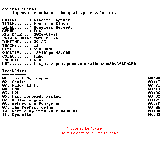 NFO for the release Sincere_Engineer-Probable_Claws-24BIT-WEB-FLAC-2026-ENRiCH by ENRiCH