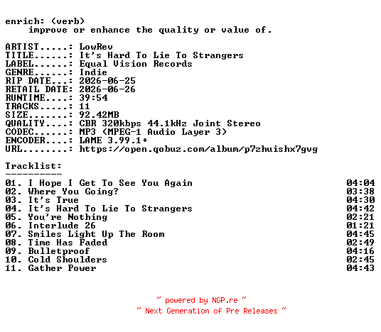 NFO for the release LowRev-Its_Hard_To_Lie_To_Strangers-WEB-2026-ENRiCH by ENRiCH