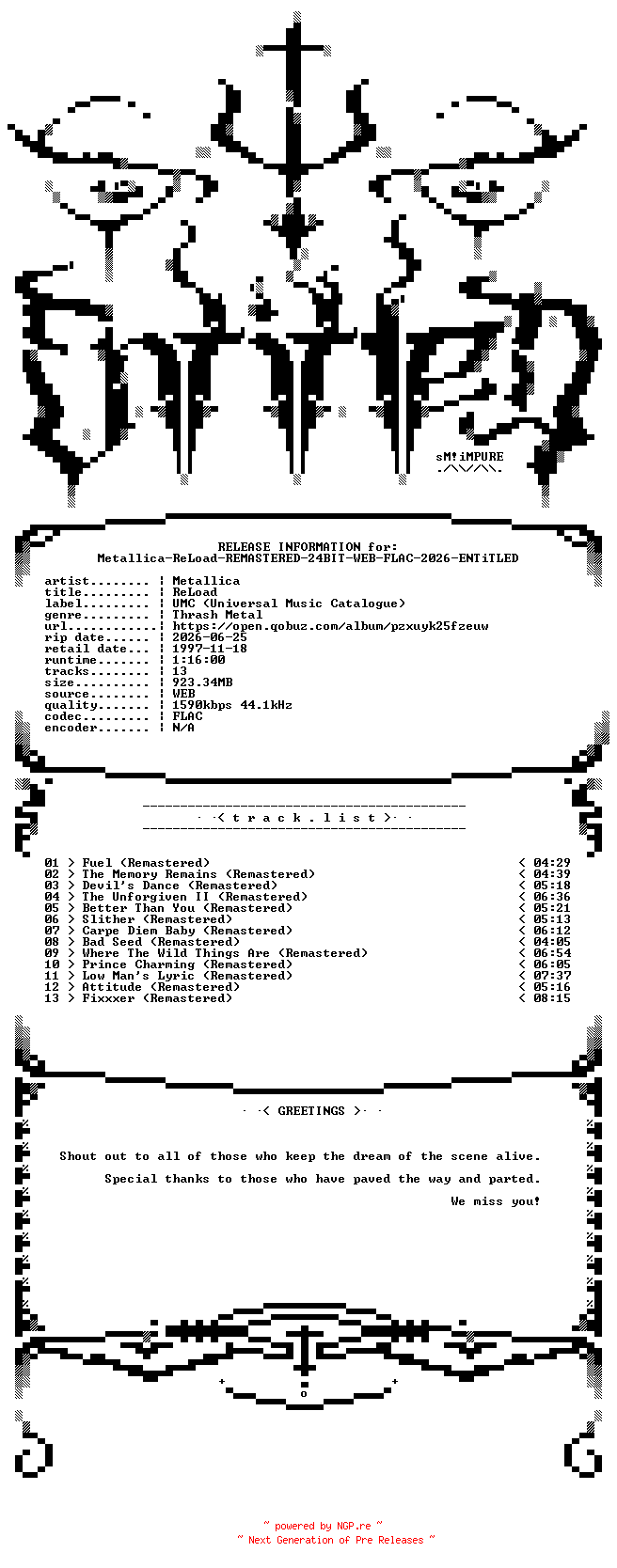 NFO for the release Metallica-ReLoad-REMASTERED-24BIT-WEB-FLAC-2026-ENTiTLED by ENTiTLED